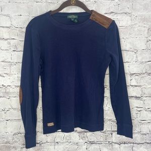 Medium LRL Ralph Lauren jeans co blue 3/4 sleeve top with parched elbows